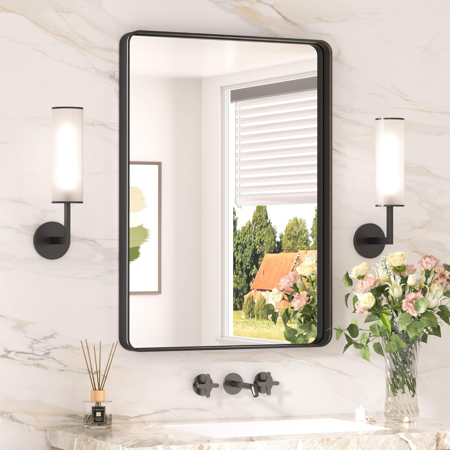 Keonjinn Black Metal Framed Bathroom Mirrors for Wall, 20 x 30 Inch Rounded Rectangle Bathroom Vanity Mirror, Matte Black Farmhouse Mirror with Seamless Frame, HD Tempered Glass(Horizontal/Vertical)