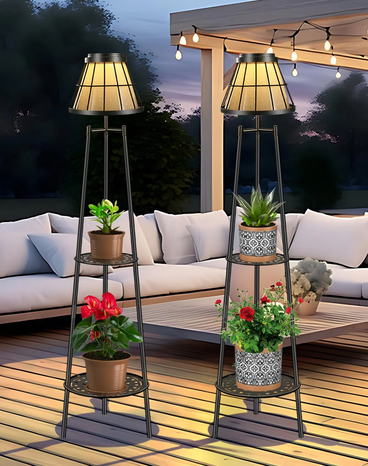 45.4'' Metal Outdoor Solar Floor Lamps 2 Pack, Waterproof Solar Lantern Lights with 2 Plant Stand, Solar Lights Plant Stand for Patio Deck Yard Pathway Porch Garden
